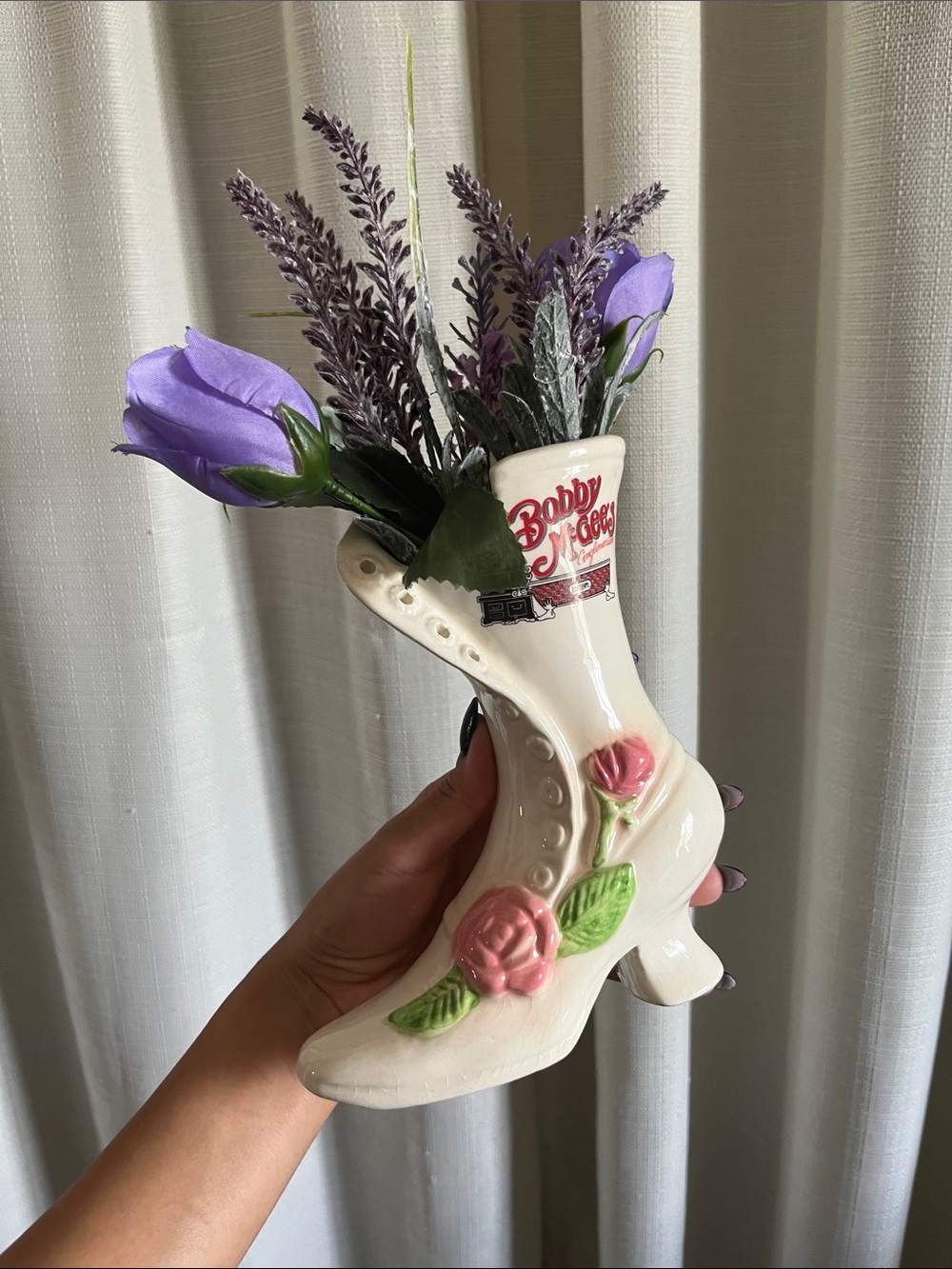 Cream Ceramic Boot Vase with Pink Roses